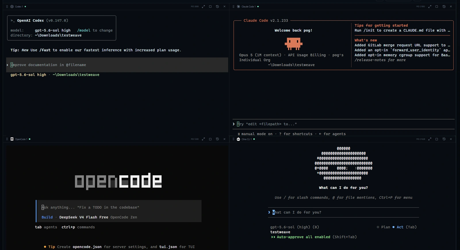 Sourceweave desktop workspace showing project navigation and coding-agent terminals